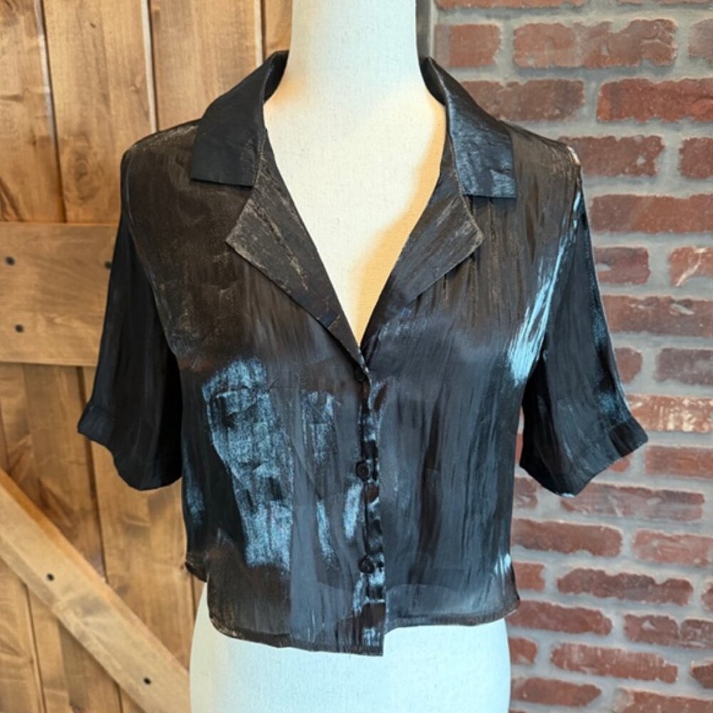 Obsidian Cropped Camp Collar Shirt | Satin Sheen Button-Up Glam | Size M | NWT